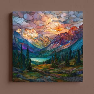 May include: A stained-glass style canvas print depicting a mountain landscape with a lake and trees. The artwork features a vibrant color palette of blues, greens, oranges, and purples, with a sunset sky and detailed mountain range.