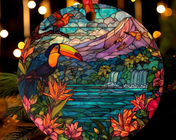 Costa Rica Ornament | Stained Glass Style | Toucan Jungle Waterfall & Volcano Scene | Tropical Flowers Rainforest Christmas Tree Decor