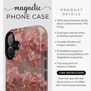 May include: A magnetic phone case with a full-wrap print of pink cherry blossoms. The case has a dual-layer design for extra protection and an embedded magnet for MagSafe accessories. The case is made of polycarbonate and has a black cushioned inner lining.