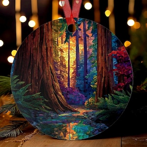 Redwood Forest Ornament | Stained Glass Style | California Christmas Tree Gift | National Park Travel Keepsake | Woodland Sunset Decor