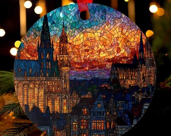 Bryssel Belgien Ornament | Målat glas | Grand-Place | Europeisk julgranspresent