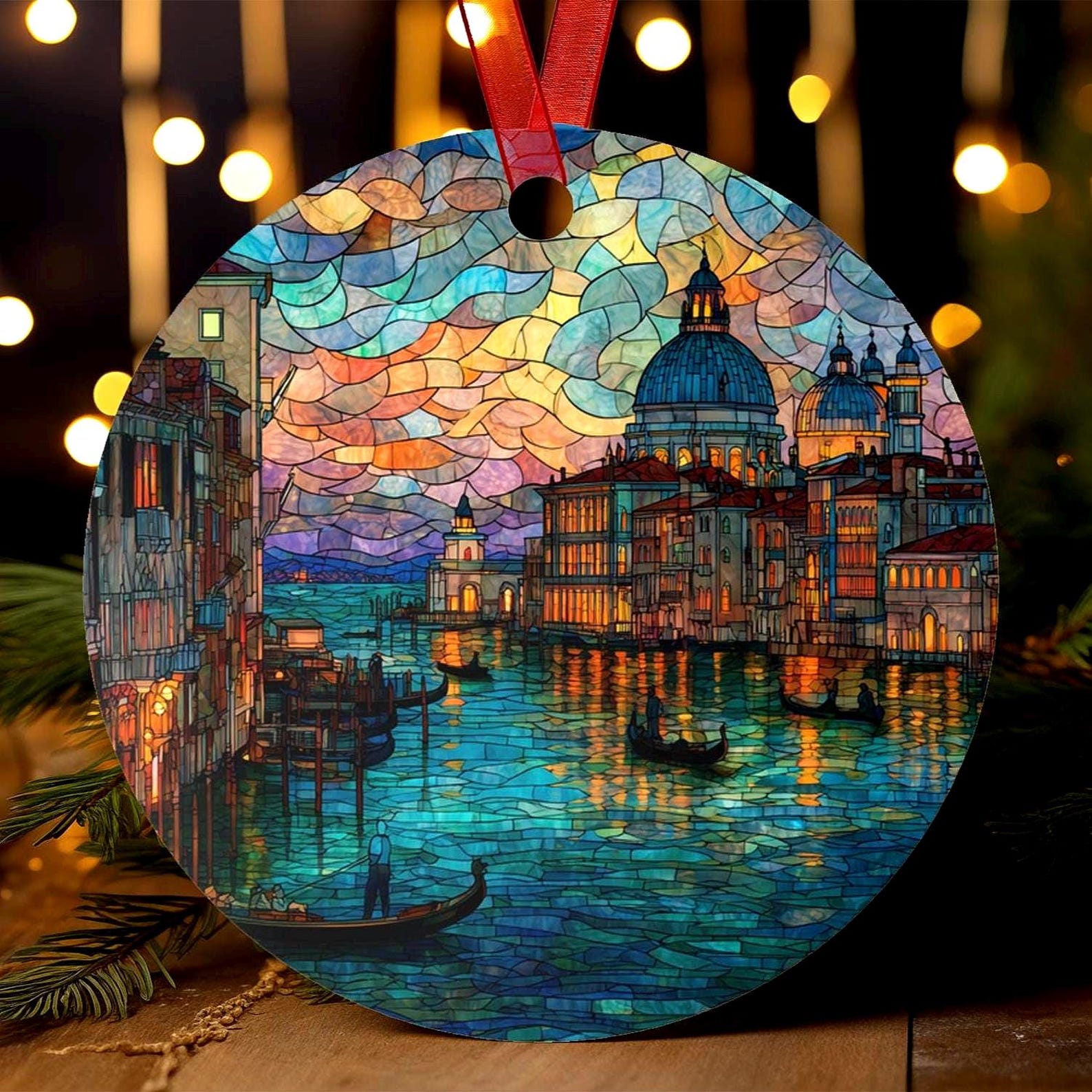 Venice Ornament | Stained Glass Style Italy Christmas Tree Decor, Gondola Canal Scene Holiday Gift, Romantic European Travel Keepsake