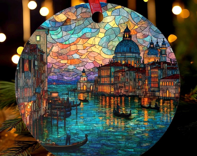 Venice Ornament | Stained Glass Style Italy Christmas Tree Decor, Gondola Canal Scene Holiday Gift, Romantic European Travel Keepsake