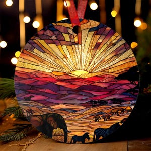 African Safari Ornament | Stained Glass Style | Sunset Wildlife Christmas Keepsake | Safari Travel Gift | Exotic Nature Holiday Decor