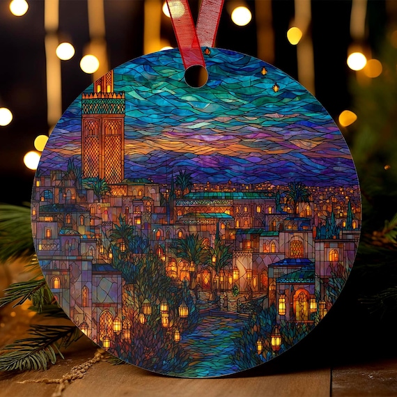 Marrakech Morocco Ornament | Stained Glass Style | Medina Christmas Tree Gift | Lantern Souk Travel Decor | North Africa Holiday Keepsake