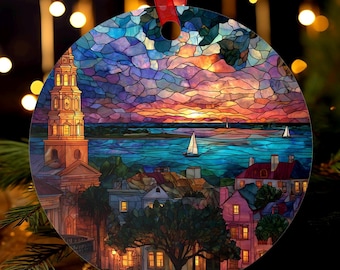 Charleston Ornament | Stained Glass Style | Waterfront Skyline & Sailboats | Christmas Tree Gift