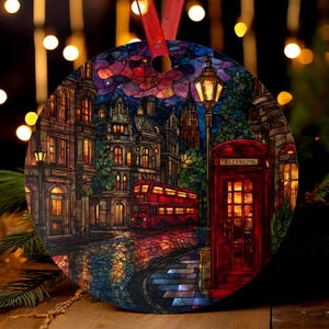 London Stained Glass Style Ornament | Christmas Tree Gift | Red Phone Booth & Bus Keepsake | British Travel Souvenir | UK Holiday Decor