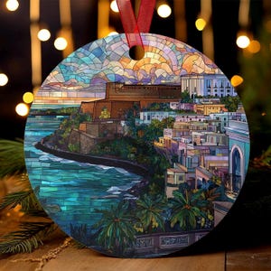 Decorazione natalizia di Porto Rico in stile vetrata di San Juan PR, regalo di viaggio caraibico, ricordo storico delle vacanze a San Juan