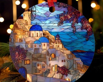 Santorini Ornament | Stained Glass Style | Greece White Villas & Blue Domes | Greek Island Souvenir Christmas Tree Gift