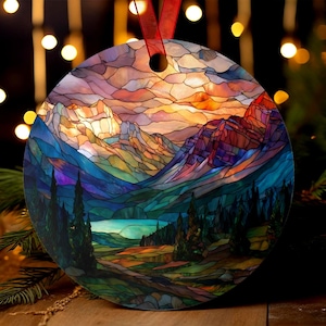 Ornament Banff Canada | Gebrandschilderd glasstijl | Rocky Mountain-kerstboomcadeau | Natuurreisdecor Alberta | Aandenken aan Glacier Lake