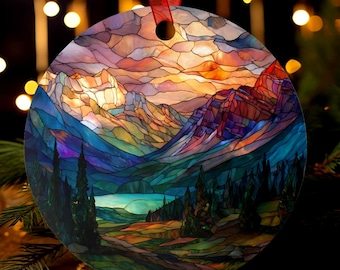 Banff Canada Ornament | Stained Glass Style | Rocky Mountain Christmas Tree Gift | Alberta Nature Travel Decor | Glacier Lake Keepsake
