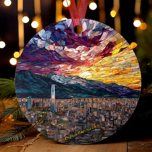Santiago Chile Glasmalerei-Verzierung | Anden Sonnenuntergang Weihnachtsbaum Geschenk | Südamerika-Reise-Andenken | Stadtbild Urlaub Dekor
