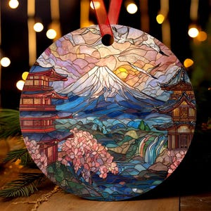 Japan Ornament | Stained Glass Style | Mount Fuji Christmas Tree Gift | Pagoda Holiday Decor | Cherry Blossom Keepsake | Asia Souvenir