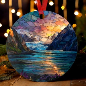 Glacier Bay Alaska Stained Glass Style Ornament | National Park Christmas Tree Gift | Mountain Travel Keepsake | Sunset Glacier Decor