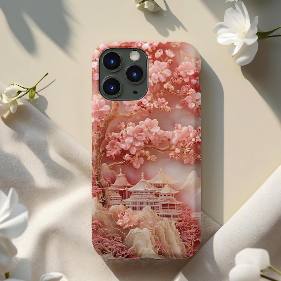 Flowering Cherry Blossoms | Jade Carving Phone Case | Aesthetic Landscape Phone Case | Zenful Design | Phone Pink Casing | iPhone 16 15 Pro