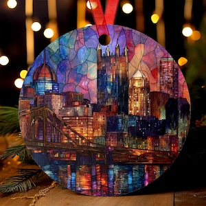 Pittsburgh Skyline Stained Glass Style Ornament | Pittsburgh Christmas Tree Keepsake | Urban Cityscape Holiday Gift | Steel City Souvenir