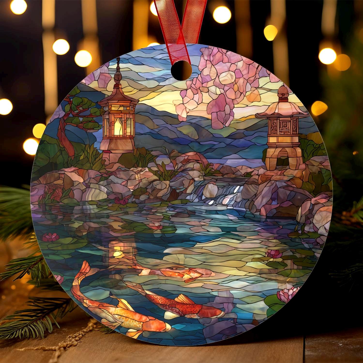 Koi Pond Ornament | Stained Glass Style | Japanese Garden & Zen