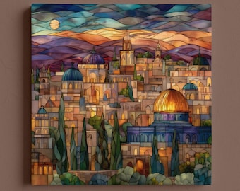 May include: A canvas print depicting a colorful, stained-glass style cityscape. The artwork features buildings with domes and spires, set against a sunset sky with a full moon. The color palette includes blues, oranges, and golds.