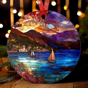 Antigua Harbor Ornament | Stained Glass Style Sailboat Christmas Ornament | Caribbean Travel Keepsake | Tropical Holiday Tree Decor Gift