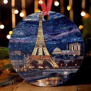 Paris Eiffel Tower Ornament | Stained Glass Style | France Christmas Tree Gift | European Travel Keepsake | Night City Skyline Decor image 1