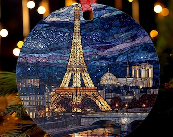 Paris Eiffel Tower Ornament | Stained Glass Style | France Christmas Tree Gift | European Travel Keepsake | Night City Skyline Decor