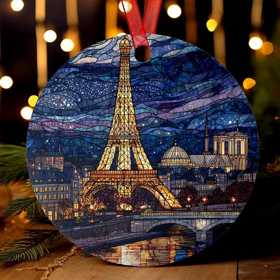 Paris Eiffel Tower Ornament | Stained Glass Style | France Christmas Tree Gift | European Travel Keepsake | Night City Skyline Decor