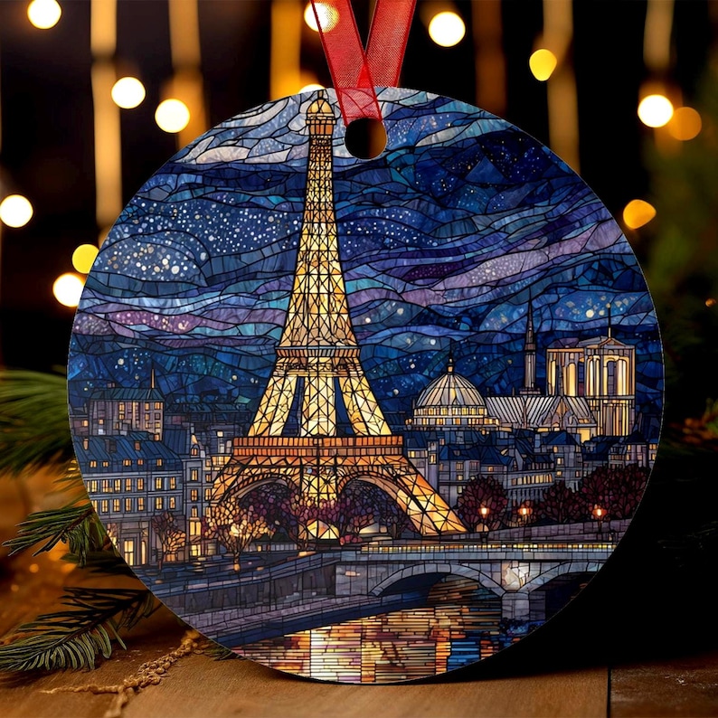 Paris Eiffel Tower Ornament | Stained Glass Style | France Christmas Tree Gift | European Travel Keepsake | Night City Skyline Decor image 1