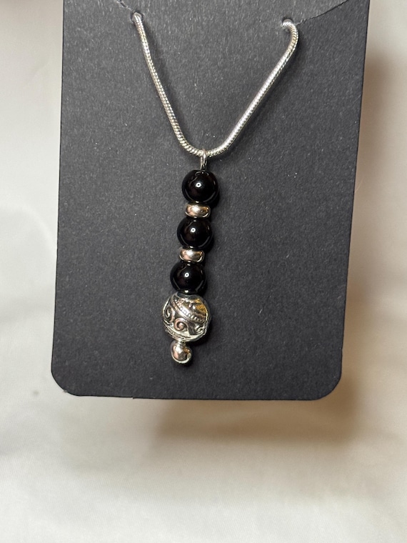 Necklace- Sterling Silver Chain with Black Agate Charm