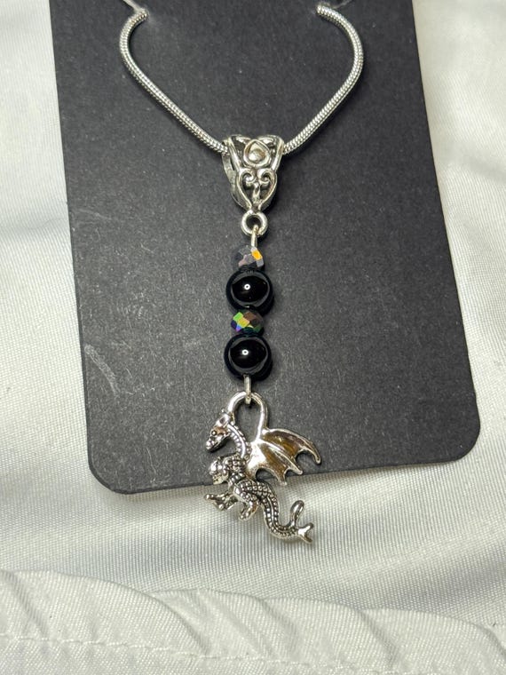 Necklace-Black Agate and crystals with Dragon Charm