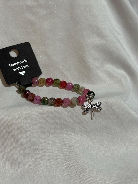 Bracelet- Angled Dragon Vein Natural Stone with Dragonfly Charm