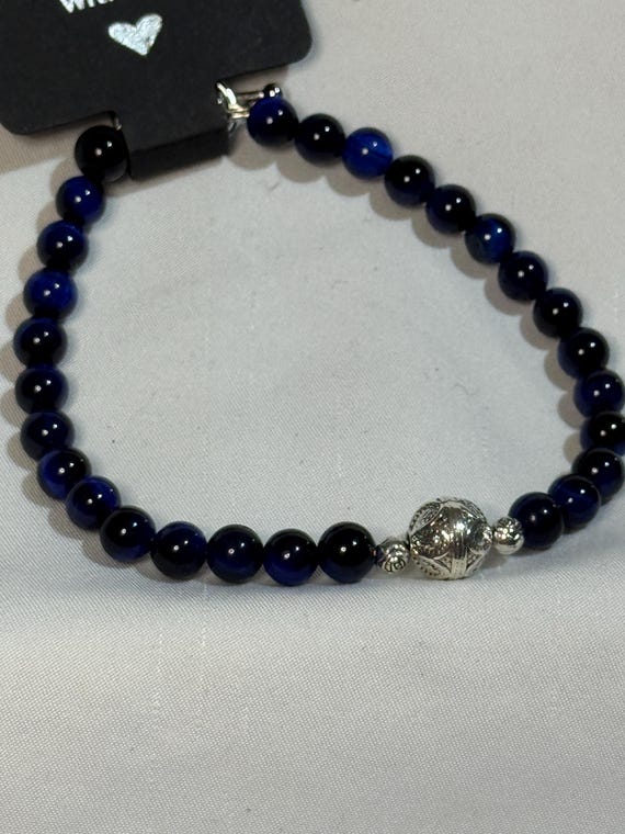 Bracelet- Natural Blue Tiger Eye Rose Stone beads