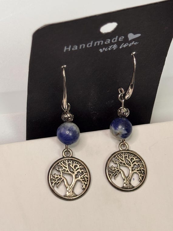 Earrings-Sterling Silver with Blue stones and tree of life charm