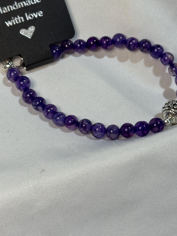 Bracelet- Purple Angled Dragon Vein Natural Stone with Butterfly Bead Charm