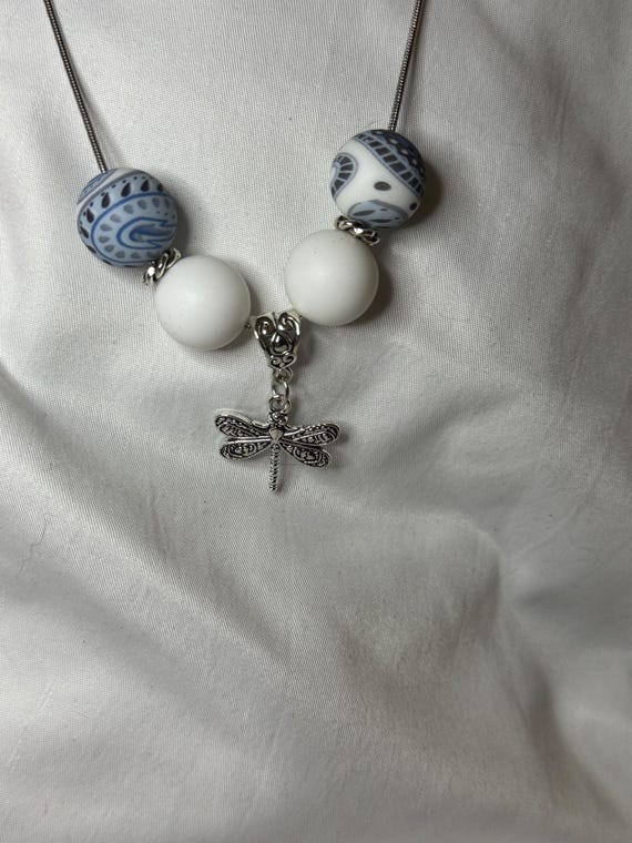 Necklace-Blue Paisley and white beads with dragonfly Charm