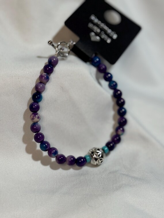 Bracelet- Natural Imperial Jasper Stone, Turqouise spacer bead and peace sign Bead