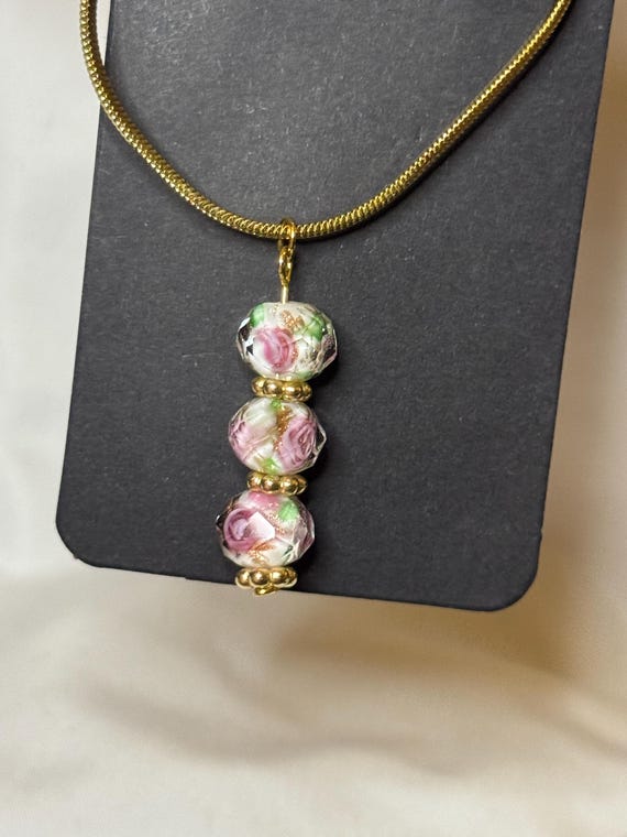 Necklace- 18k gold plated Necklace with Pink Rose Glass Beads charm
