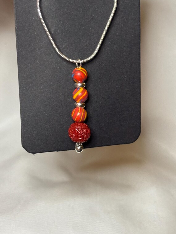 Necklace- Sterling Silver Necklace with Red Malachite Natural Stones and Vermillion Bead Charm
