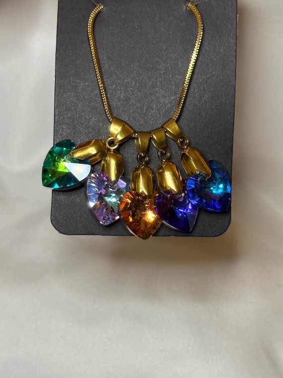 Necklace- 18k gold plated Necklace with 5 glass heart different colored pendants