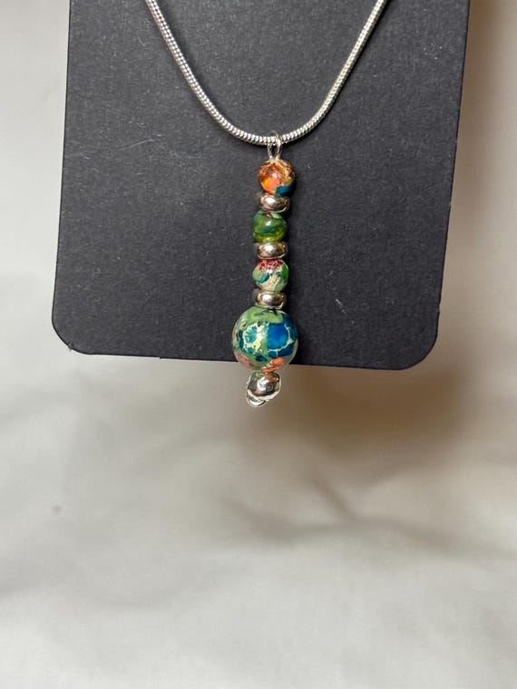 Necklace- Sterling Silver Chain with Green Sea Sediment Jasper Natural Stones charm