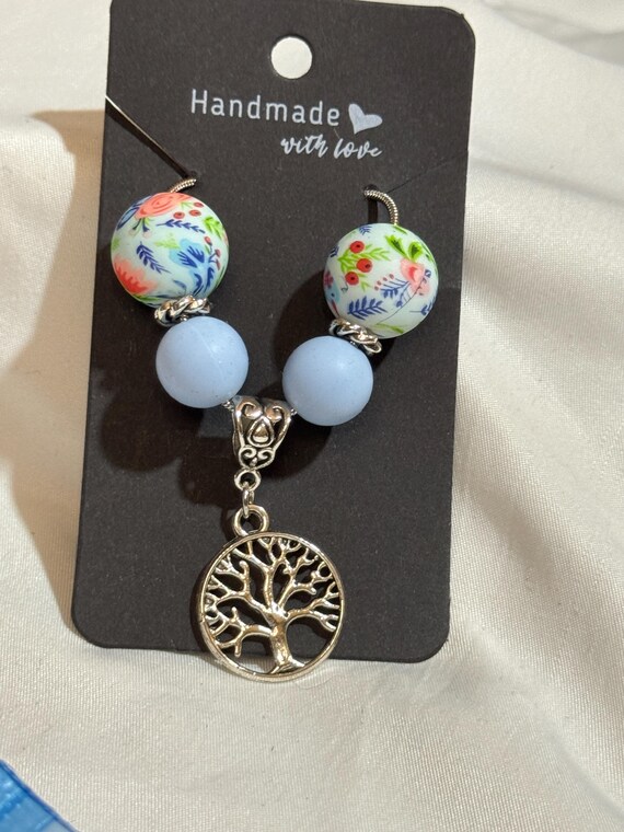 Necklace-Blue floral and bird beads with Tree of Life Charm