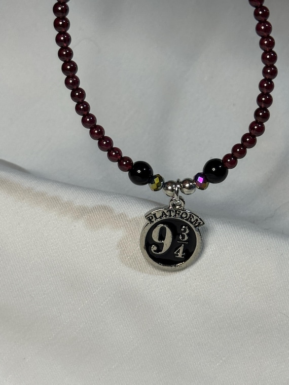 Bracelet - Harry Potter theme with red garnet natural stone beads and Platform 9 3/4 charm