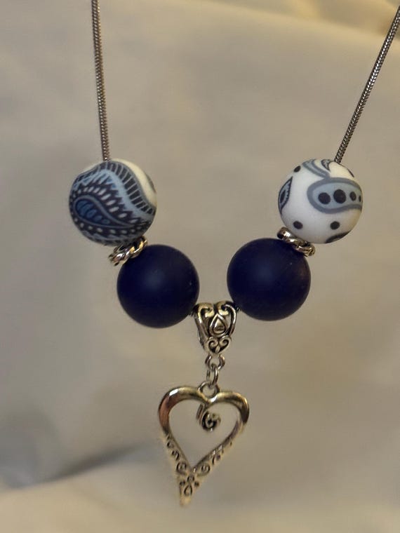 Necklace-Blue Paisley and navy blue beads with heart Charm