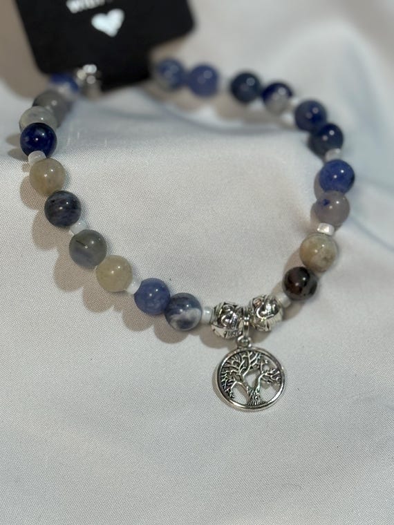 Bracelet- Natural Blue Sodalite Stone beads with tree of life charm