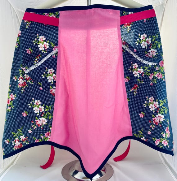 Apron floral navy and pink  theme retro 1950s style