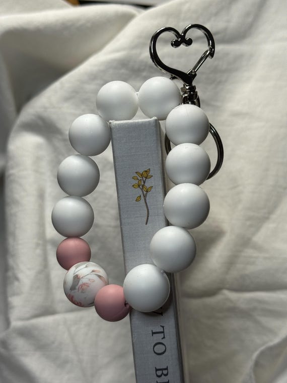 Wristlet Keychains- Silicone Bead Pink & White Flower Theme
