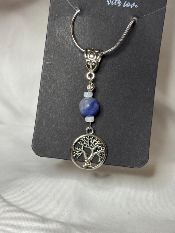 Necklace- Sugilite Blue and White Stone with tree of life charm