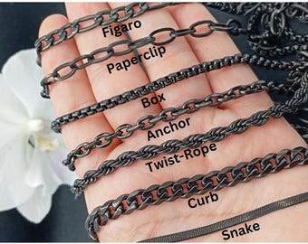 Black Chain,Black Curb Necklace,BLACK ROPE ,Twist ,Paperclip Chain,Black Herringbone Chain,christmas Gift,Giftfor him& her,Waterproof Chain