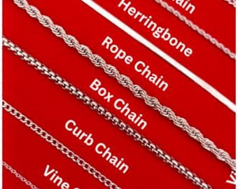 May include: A close-up of ten different types of silver chains, including paperclip, figaro, twist, herringbone, rope, box, curb, and vine chains. Each chain is labeled with its name.