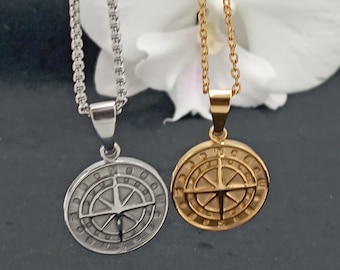 Personalized Compass Pendant Necklace: Stainless Steel North Star Jewelry