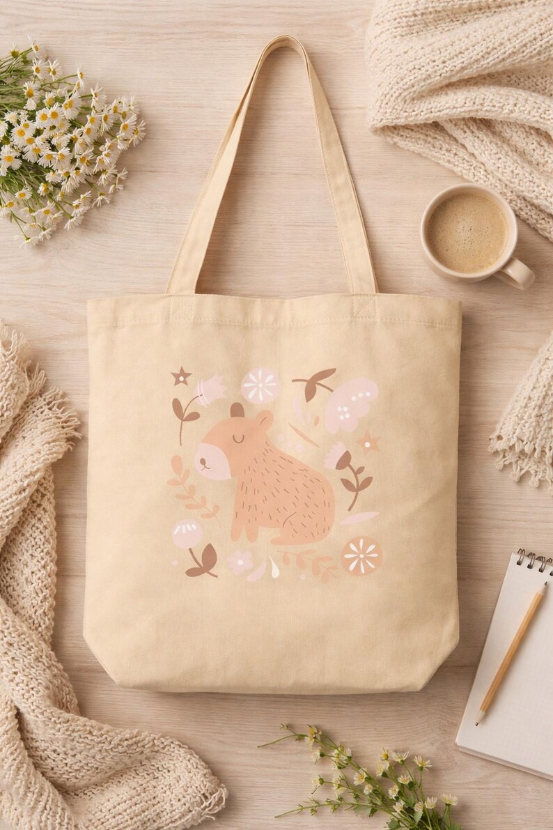 May include: Beige canvas tote bag featuring a capybara illustration surrounded by flowers in shades of pink and brown. The bag has a simple design with long handles, perfect for carrying items. A cozy, neutral-toned aesthetic.